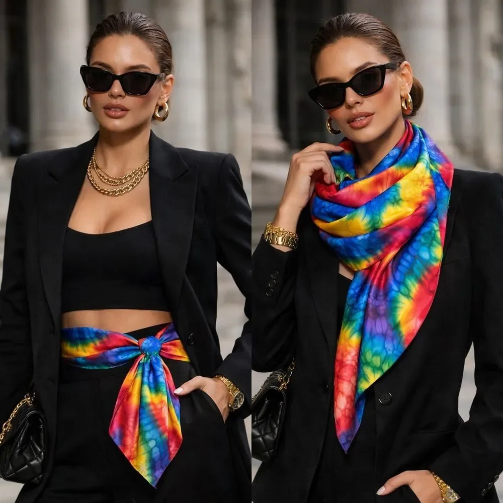 Vintage 100% Pure Silk Tie Dye Scarf 35” Square Multicolor Scarf Abstract Print